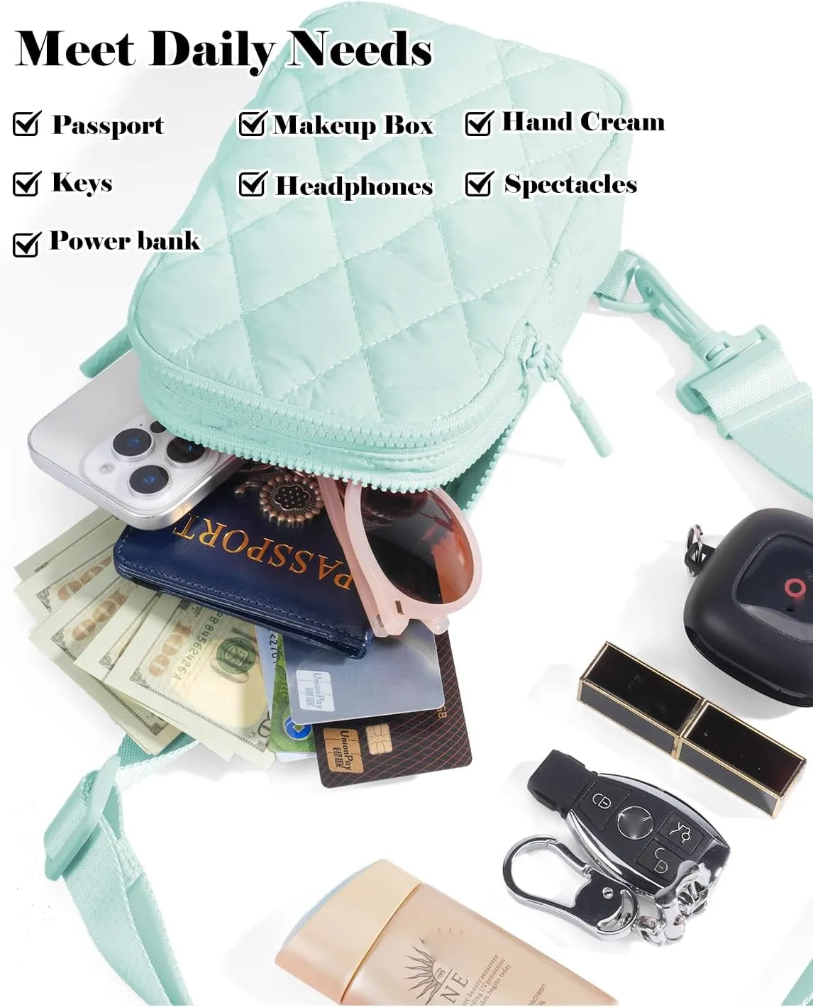 Quilted Puffer Sling Bag for Women Small Backpack Crossbody Chest Bag Fanny Packs Purses for Casual Traveling Hiking