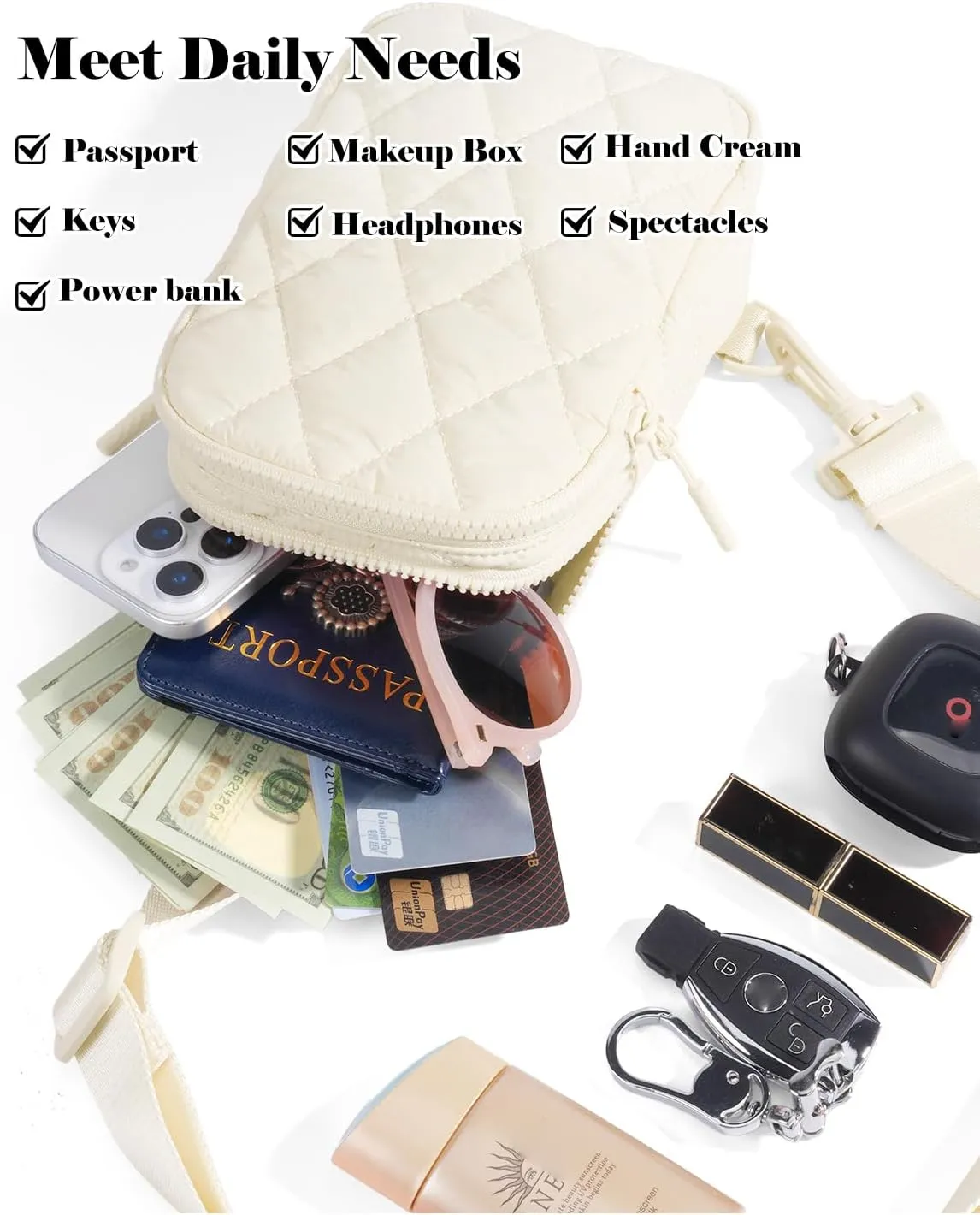 Quilted Puffer Sling Bag for Women Small Backpack Crossbody Chest Bag Fanny Packs Purses for Casual Traveling Hiking
