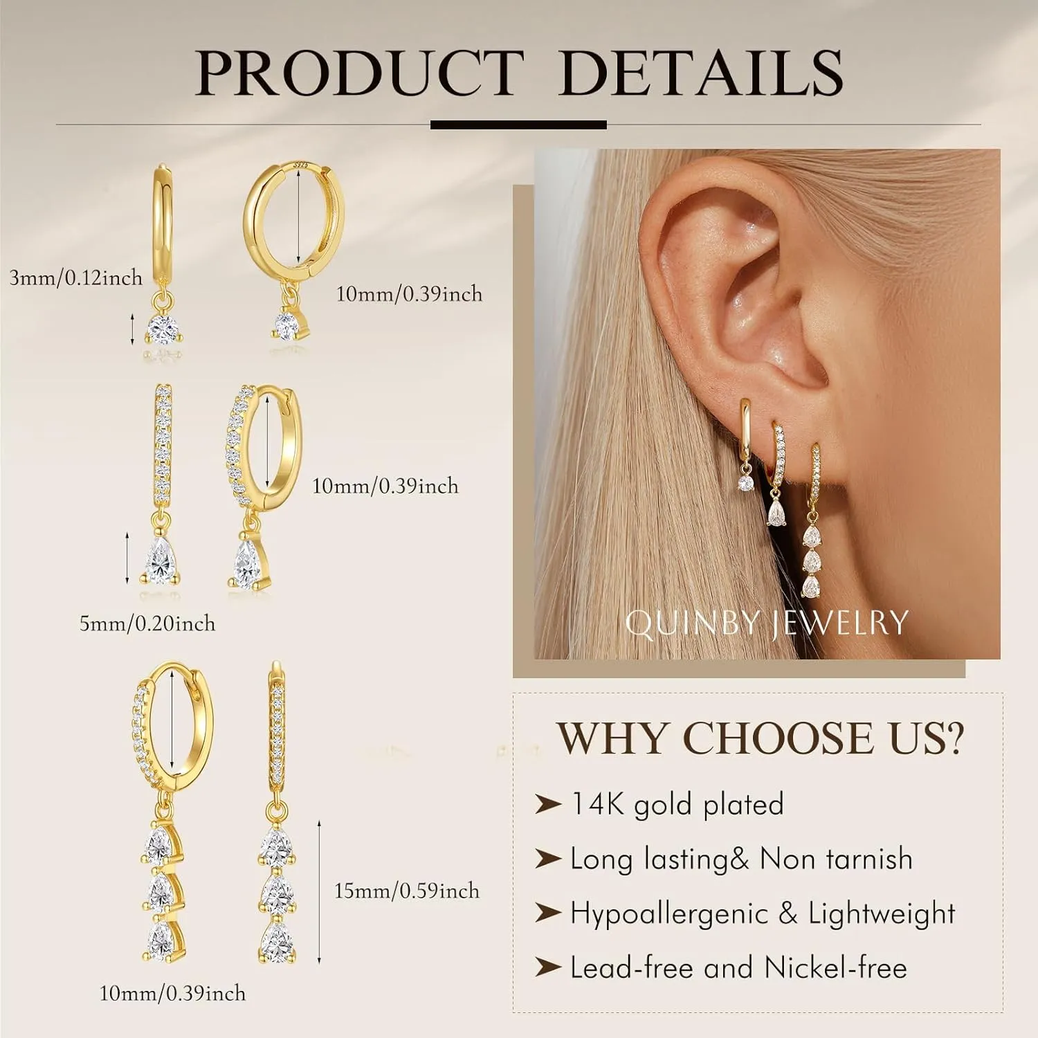 QUINBY Gold Earrings Dangle Set For Women,14k Dainty Earring Stacks Gold,Huggie Dangle Stacked Earrings Pack,Cartilage Earring Sets For Multiple Piercing,Gift For Women Mother'S Day Birthday