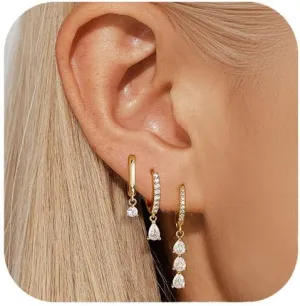 QUINBY Gold Earrings Dangle Set For Women,14k Dainty Earring Stacks Gold,Huggie Dangle Stacked Earrings Pack,Cartilage Earring Sets For Multiple Piercing,Gift For Women Mother'S Day Birthday