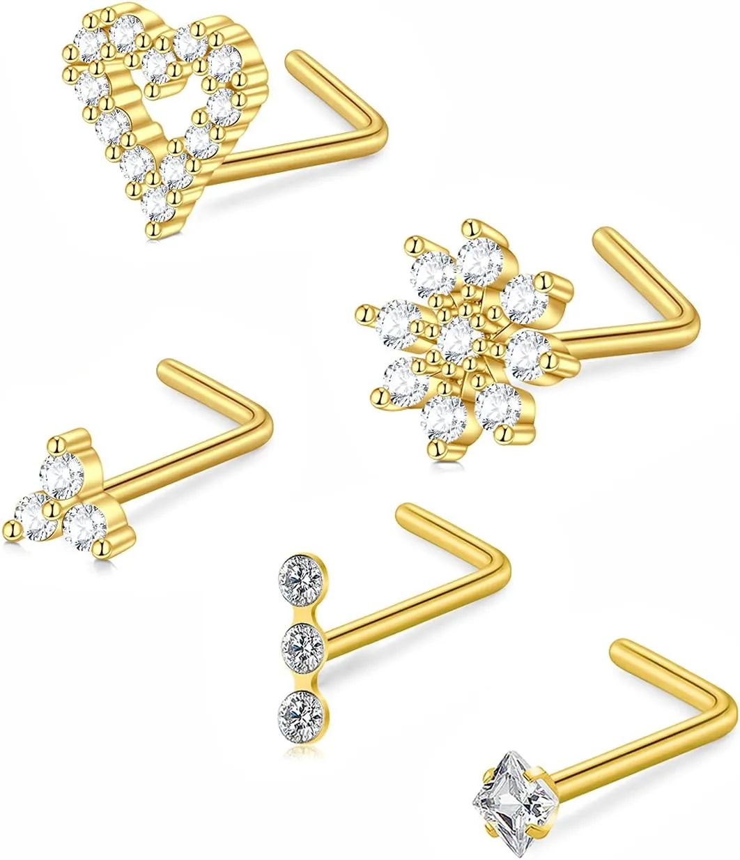 QWALIT Nose Studs & Rings - 18g & 20g Surgical Steel Nose Piercing Studs - Small, Threadless, L-Shaped - 18 & 20 Gauge - Silver, Gold, Black