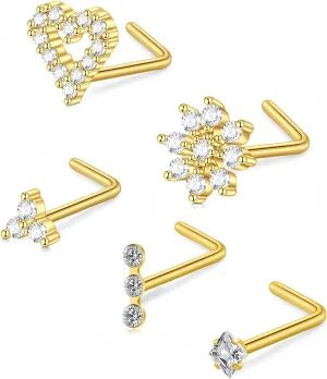 QWALIT Nose Studs & Rings - 18g & 20g Surgical Steel Nose Piercing Studs - Small, Threadless, L-Shaped - 18 & 20 Gauge - Silver, Gold, Black