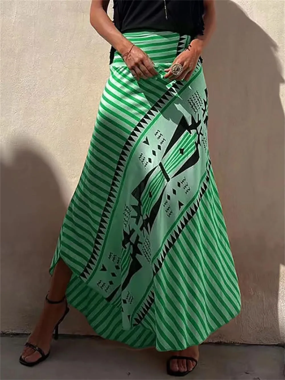 Retro Patchwork Print Skirt Women Summer High Waist A-Line Elastic Long Skirts Casual Holiday