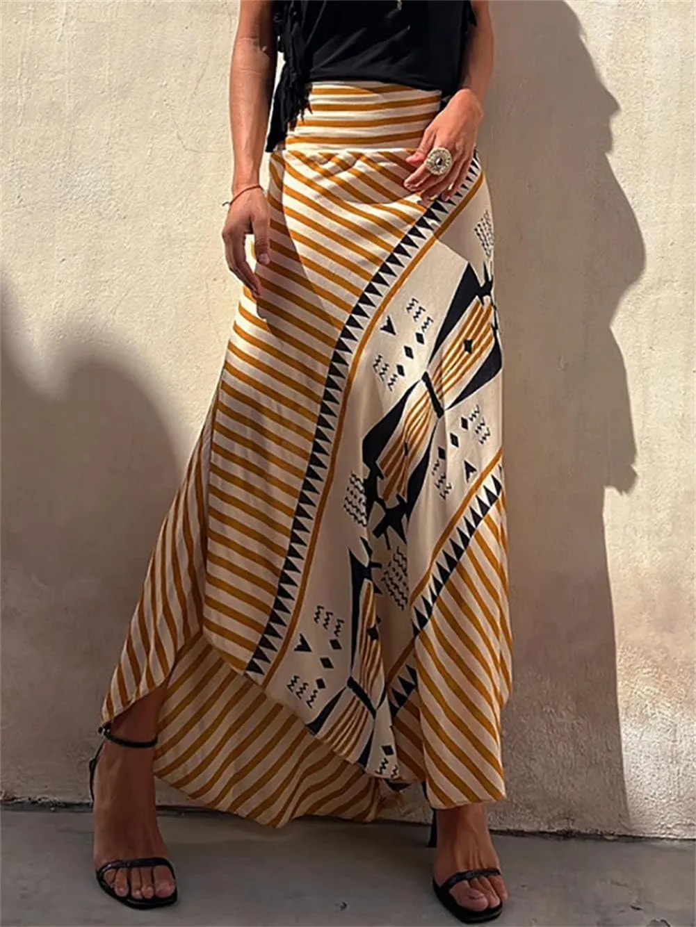 Retro Patchwork Print Skirt Women Summer High Waist A-Line Elastic Long Skirts Casual Holiday