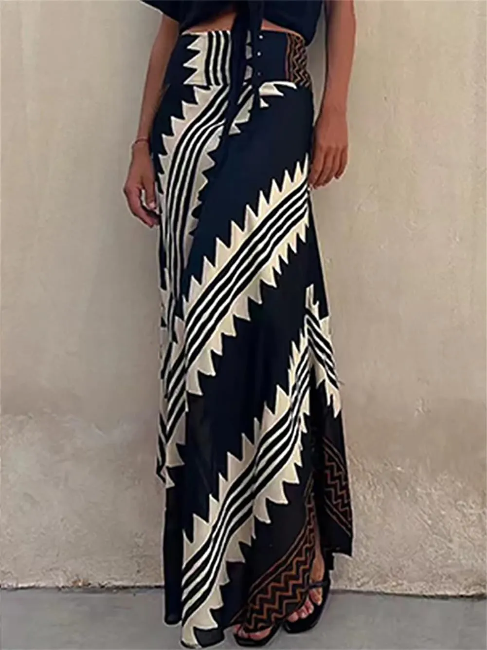 Retro Patchwork Print Skirt Women Summer High Waist A-Line Elastic Long Skirts Casual Holiday