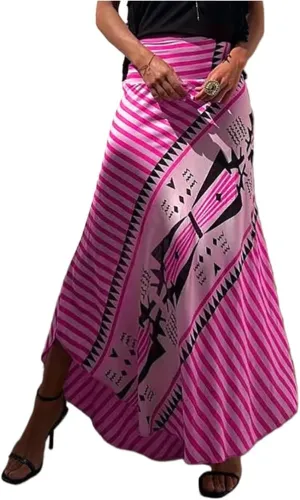 Retro Patchwork Print Skirt Women Summer High Waist A-Line Elastic Long Skirts Casual Holiday