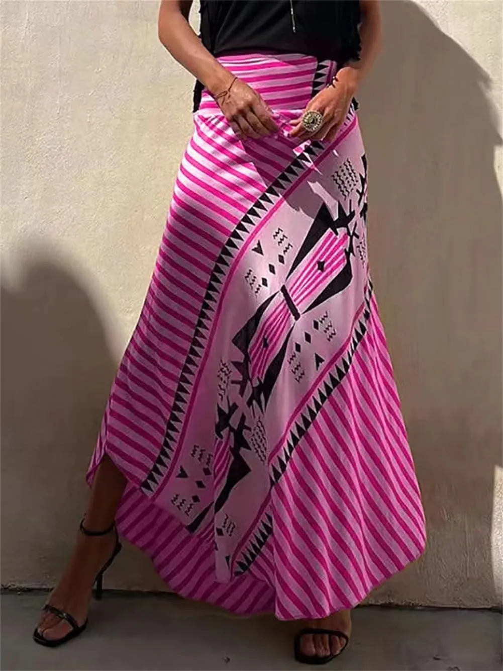 Retro Patchwork Print Skirt Women Summer High Waist A-Line Elastic Long Skirts Casual Holiday