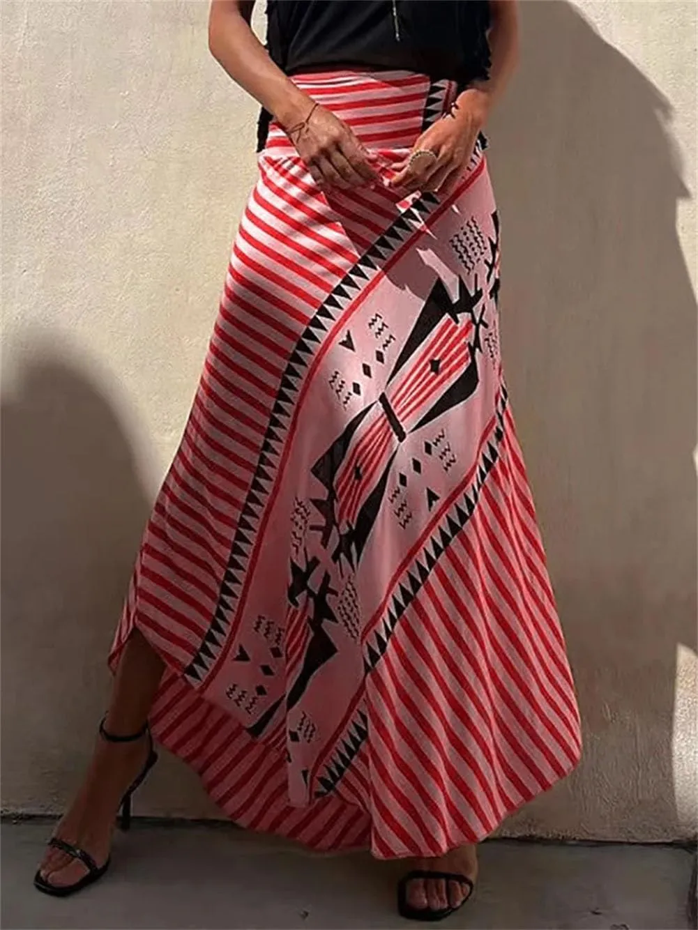 Retro Patchwork Print Skirt Women Summer High Waist A-Line Elastic Long Skirts Casual Holiday