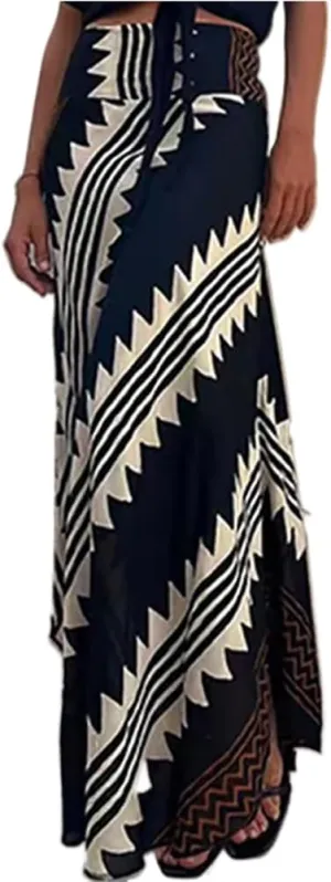 Retro Patchwork Print Skirt Women Summer High Waist A-Line Elastic Long Skirts Casual Holiday