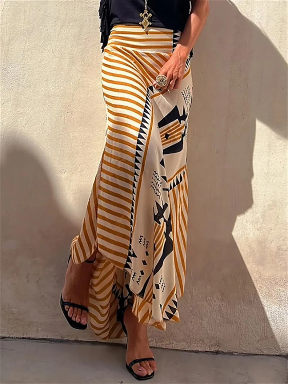 Retro Patchwork Print Skirt Women Summer High Waist A-Line Elastic Long Skirts Casual Holiday