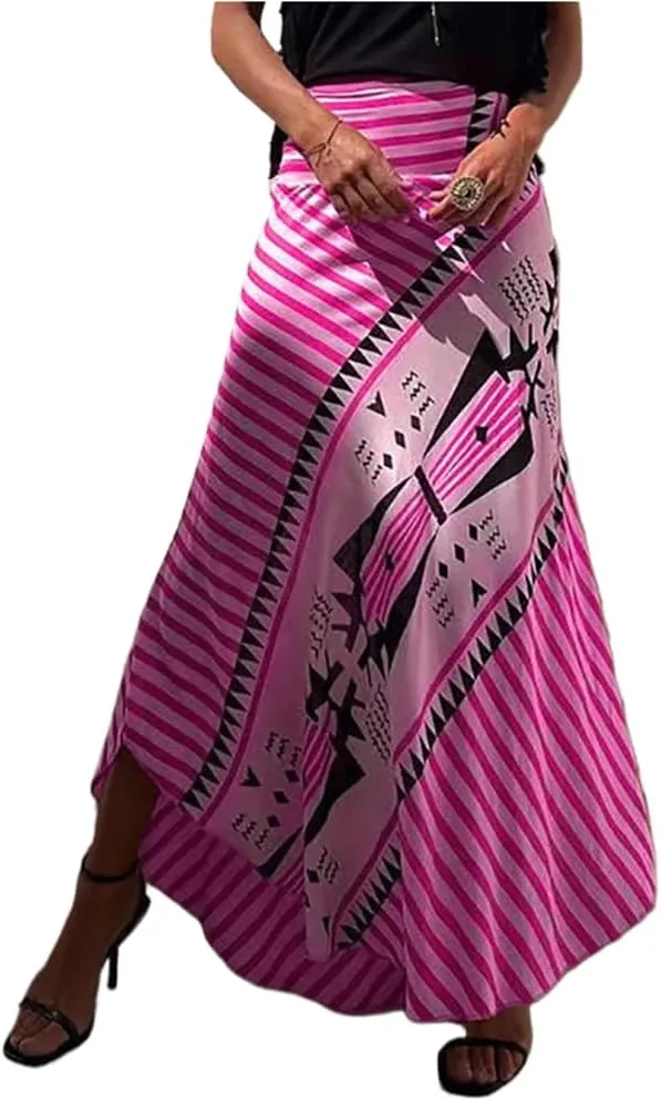Retro Patchwork Print Skirt Women Summer High Waist A-Line Elastic Long Skirts Casual Holiday