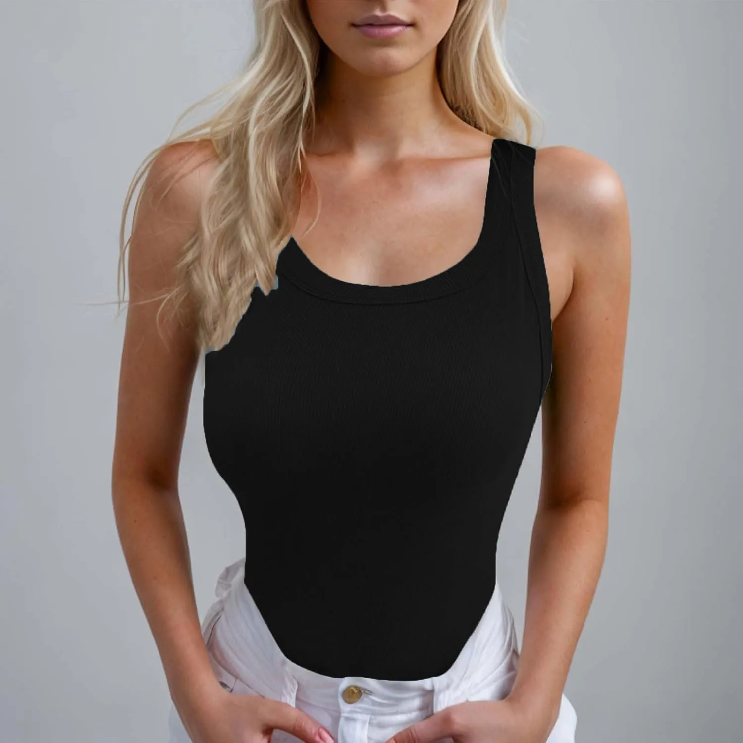 Ribbed Tank Tops for Women with Built in Bra Racerback Sleeveless Camisole Crewneck Slim Fit Chest Pad Tanks