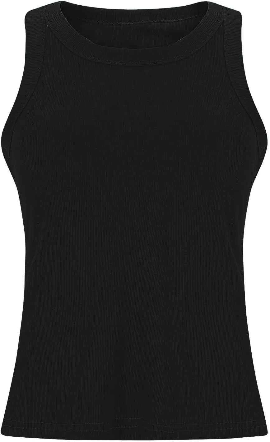 Ribbed Tank Tops for Women with Built in Bra Racerback Sleeveless Camisole Crewneck Slim Fit Chest Pad Tanks
