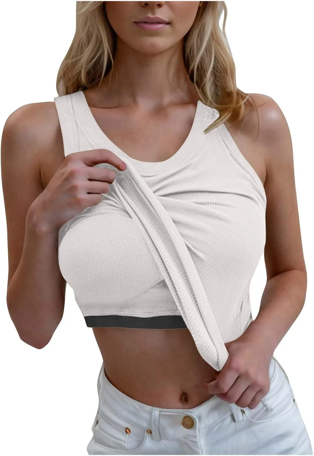 Ribbed Tank Tops for Women with Built in Bra Racerback Sleeveless Camisole Crewneck Slim Fit Chest Pad Tanks