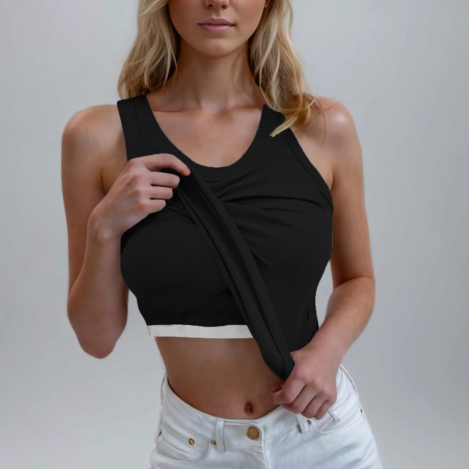 Ribbed Tank Tops for Women with Built in Bra Racerback Sleeveless Camisole Crewneck Slim Fit Chest Pad Tanks