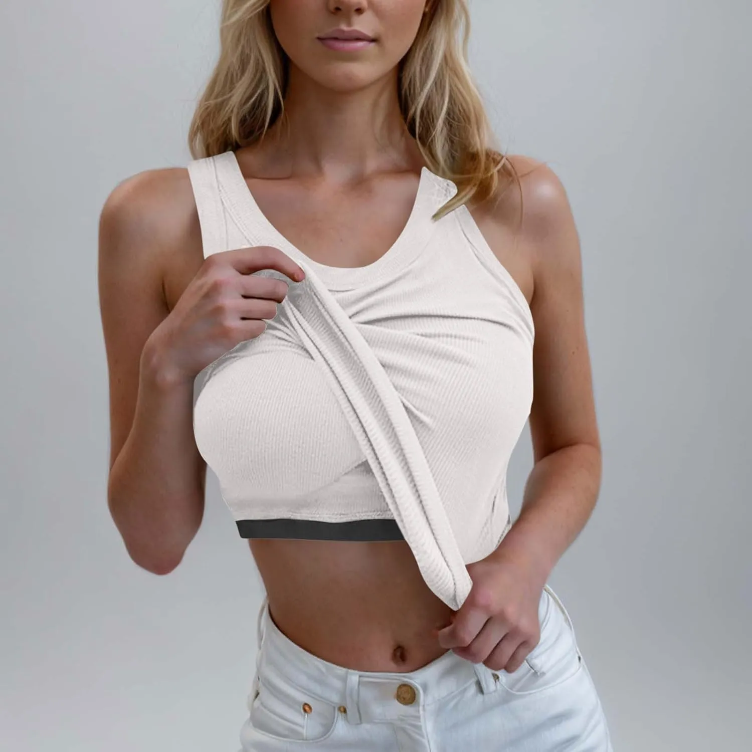 Ribbed Tank Tops for Women with Built in Bra Racerback Sleeveless Camisole Crewneck Slim Fit Chest Pad Tanks