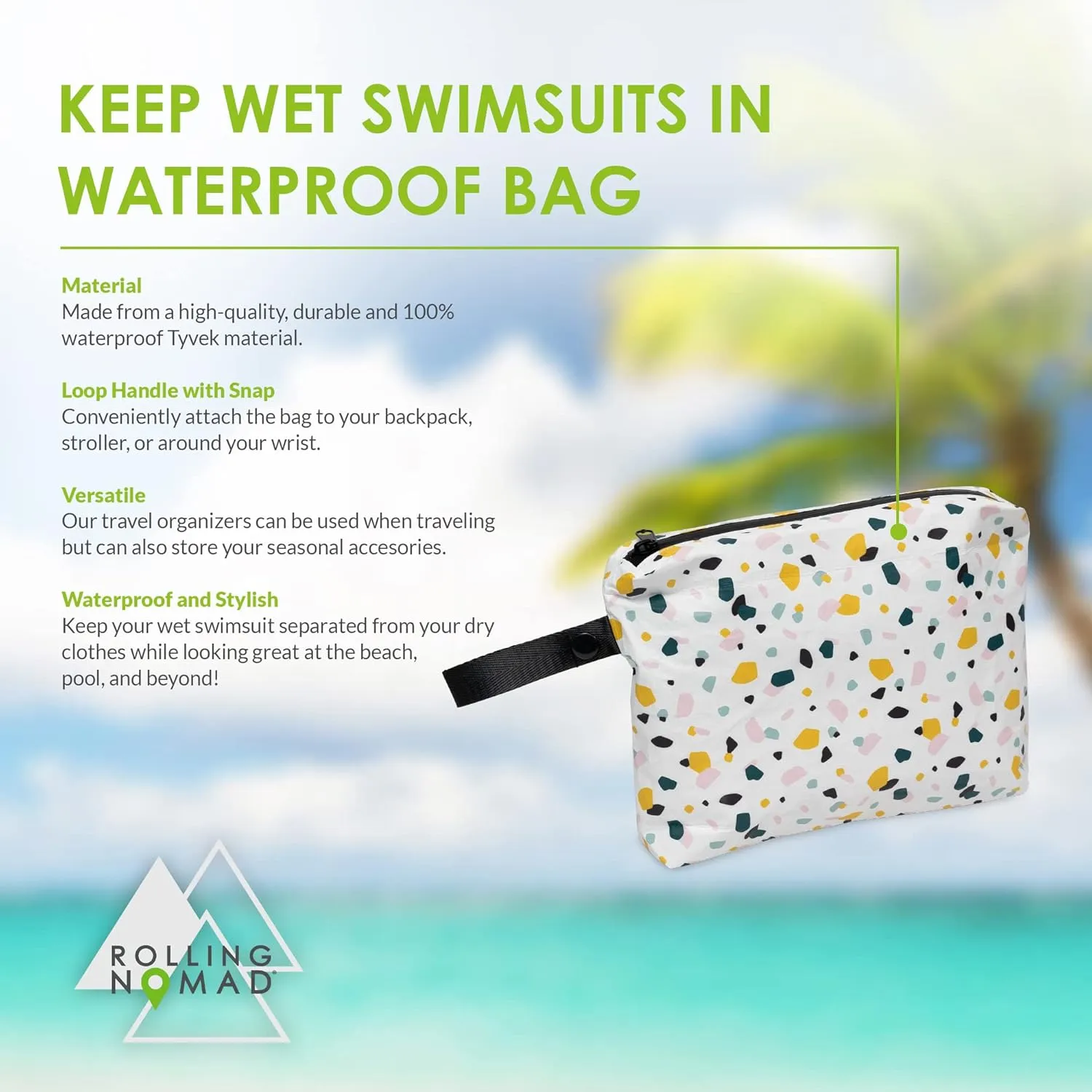 Rolling Nomad Tyvek Zippered Pouch, Wet Bikini Bag, Travel, Toiletry, Pool, Beach Essential, Waterproof, Summer Must Haves, 8x6.5x1 (Small)
