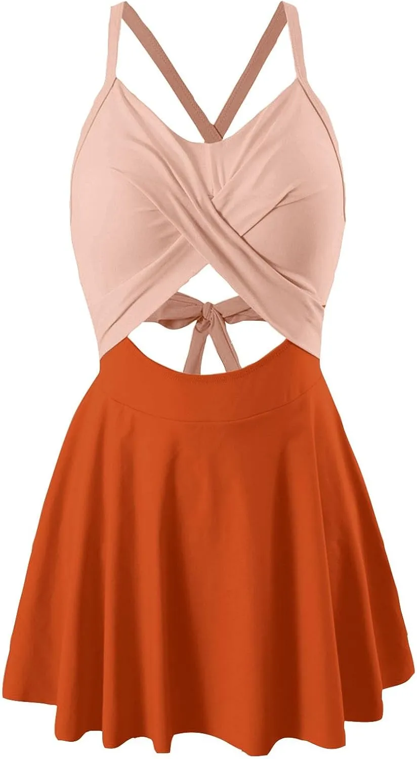 Ruffle Swimsuits for Women with Bra Support Tummy Control Cutout One Piece Color Block Wrap Swimwear