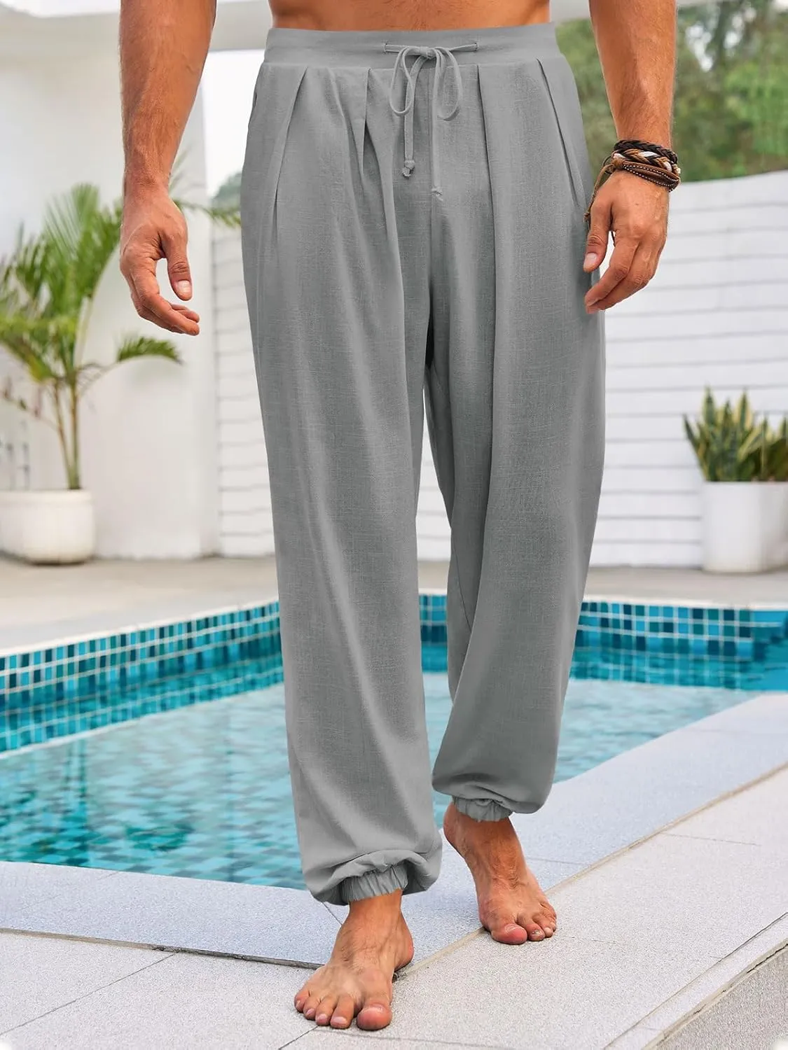 Runcati Mens Casual Pants Elastic Waist Linen Drawstring Pleated Lightweight Joggers Loose Fit Summer Beach Yoga Trousers