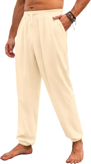 Runcati Mens Casual Pants Elastic Waist Linen Drawstring Pleated Lightweight Joggers Loose Fit Summer Beach Yoga Trousers