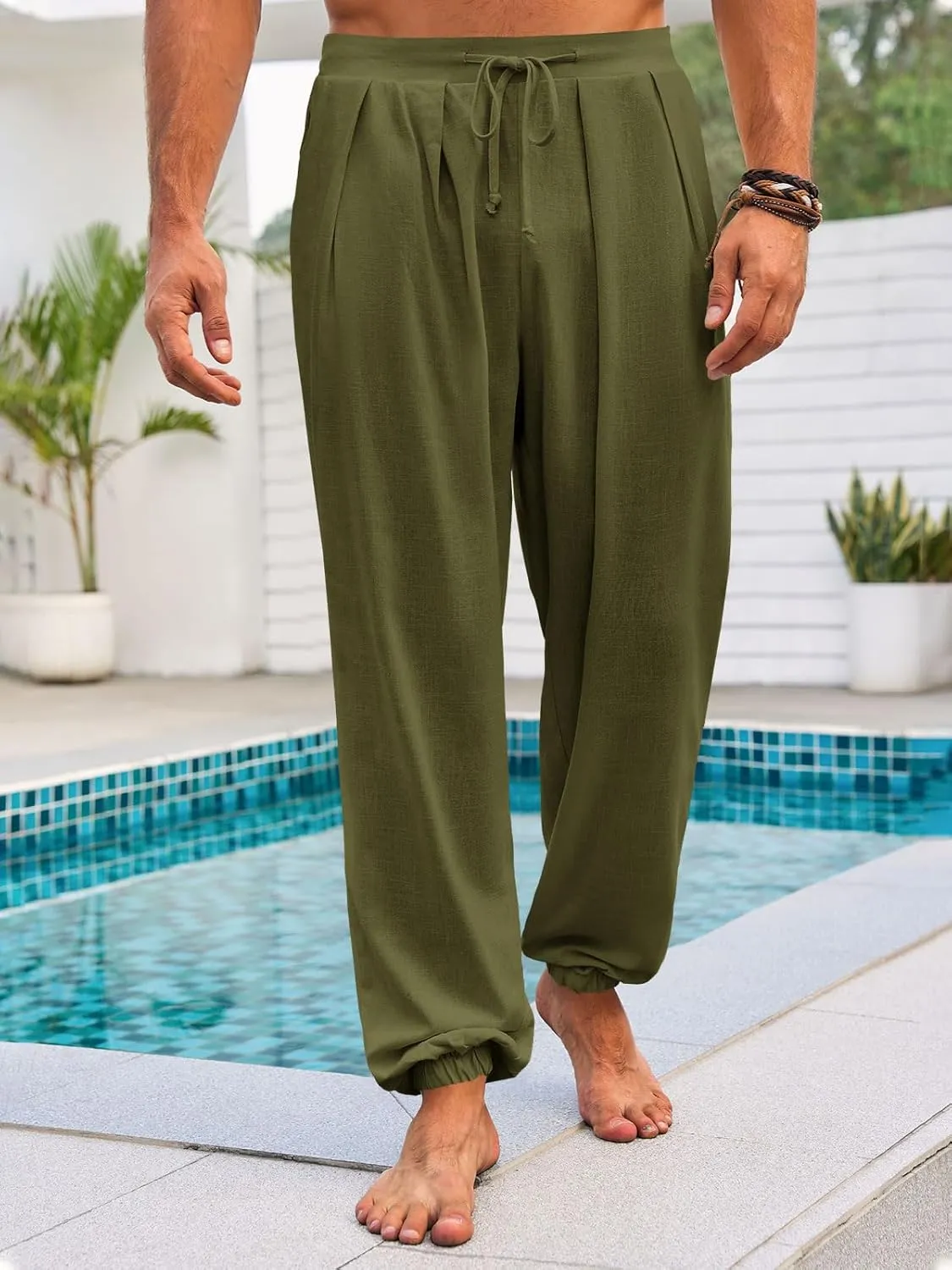 Runcati Mens Casual Pants Elastic Waist Linen Drawstring Pleated Lightweight Joggers Loose Fit Summer Beach Yoga Trousers