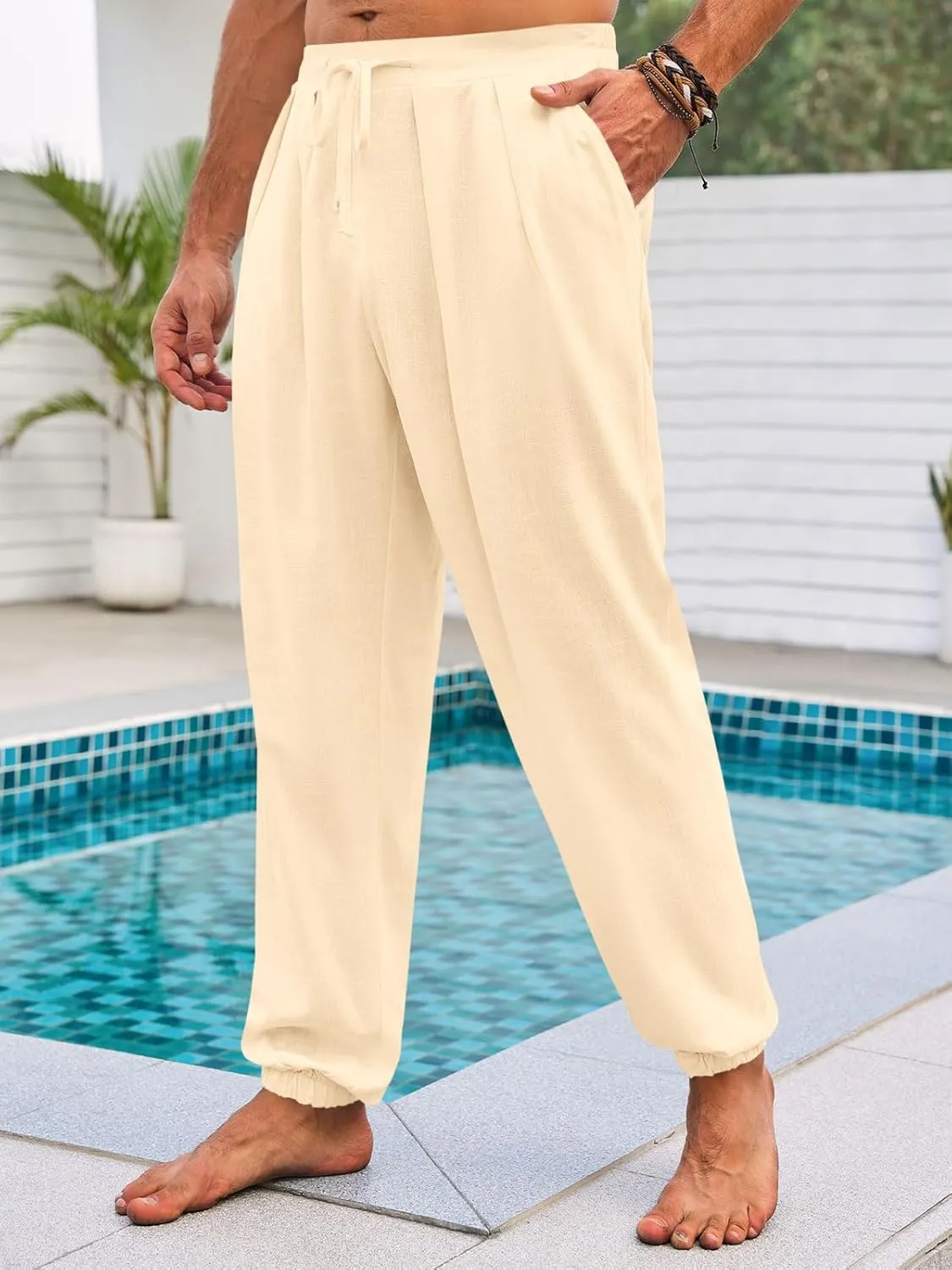 Runcati Mens Casual Pants Elastic Waist Linen Drawstring Pleated Lightweight Joggers Loose Fit Summer Beach Yoga Trousers
