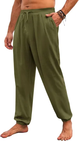 Runcati Mens Casual Pants Elastic Waist Linen Drawstring Pleated Lightweight Joggers Loose Fit Summer Beach Yoga Trousers