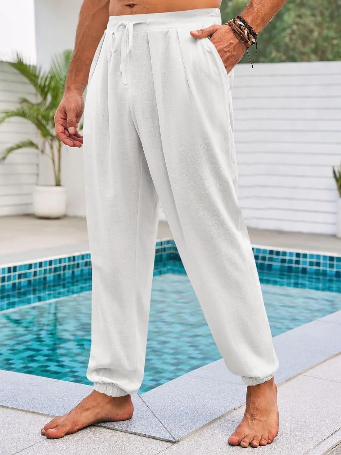 Runcati Mens Casual Pants Elastic Waist Linen Drawstring Pleated Lightweight Joggers Loose Fit Summer Beach Yoga Trousers