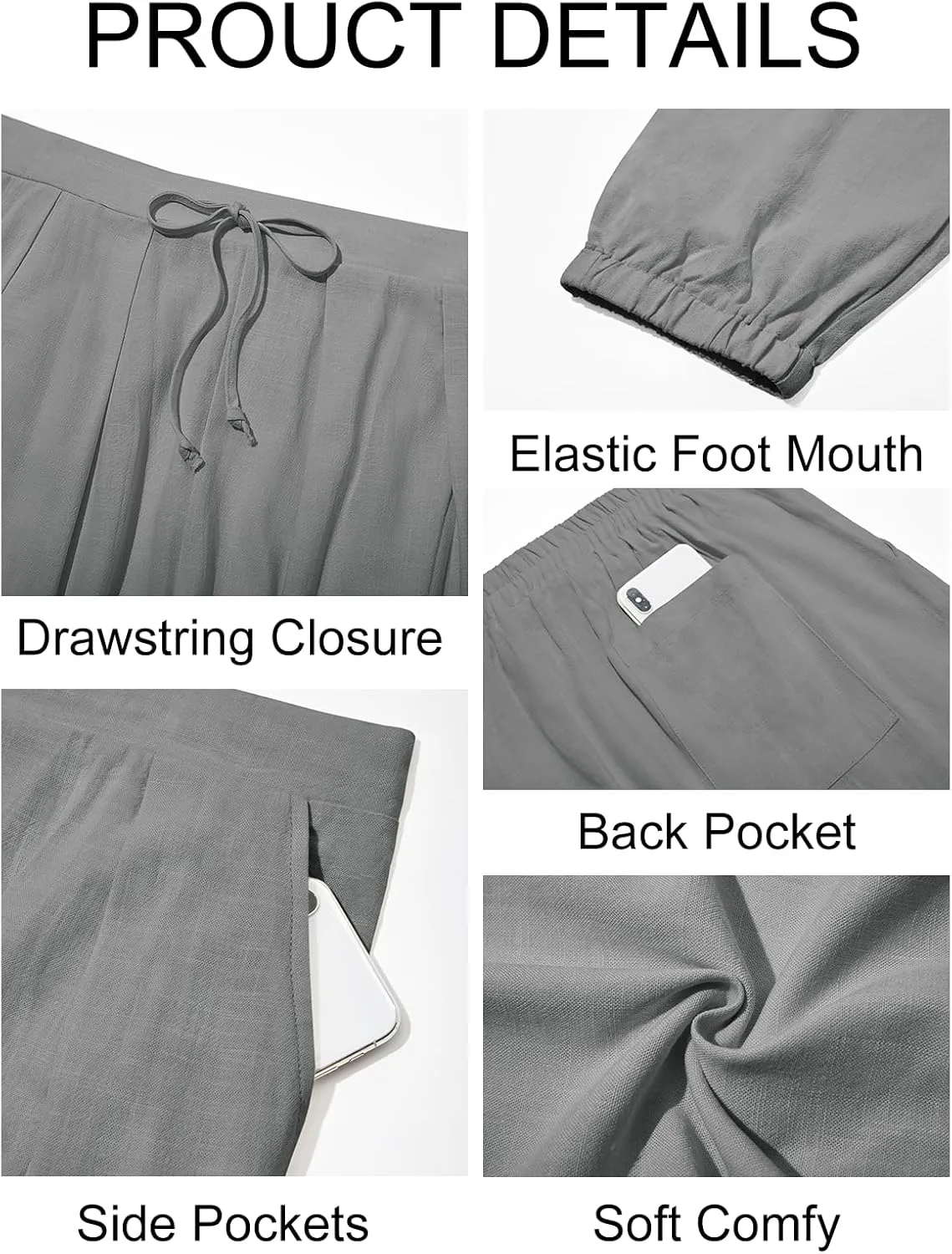 Runcati Mens Casual Pants Elastic Waist Linen Drawstring Pleated Lightweight Joggers Loose Fit Summer Beach Yoga Trousers