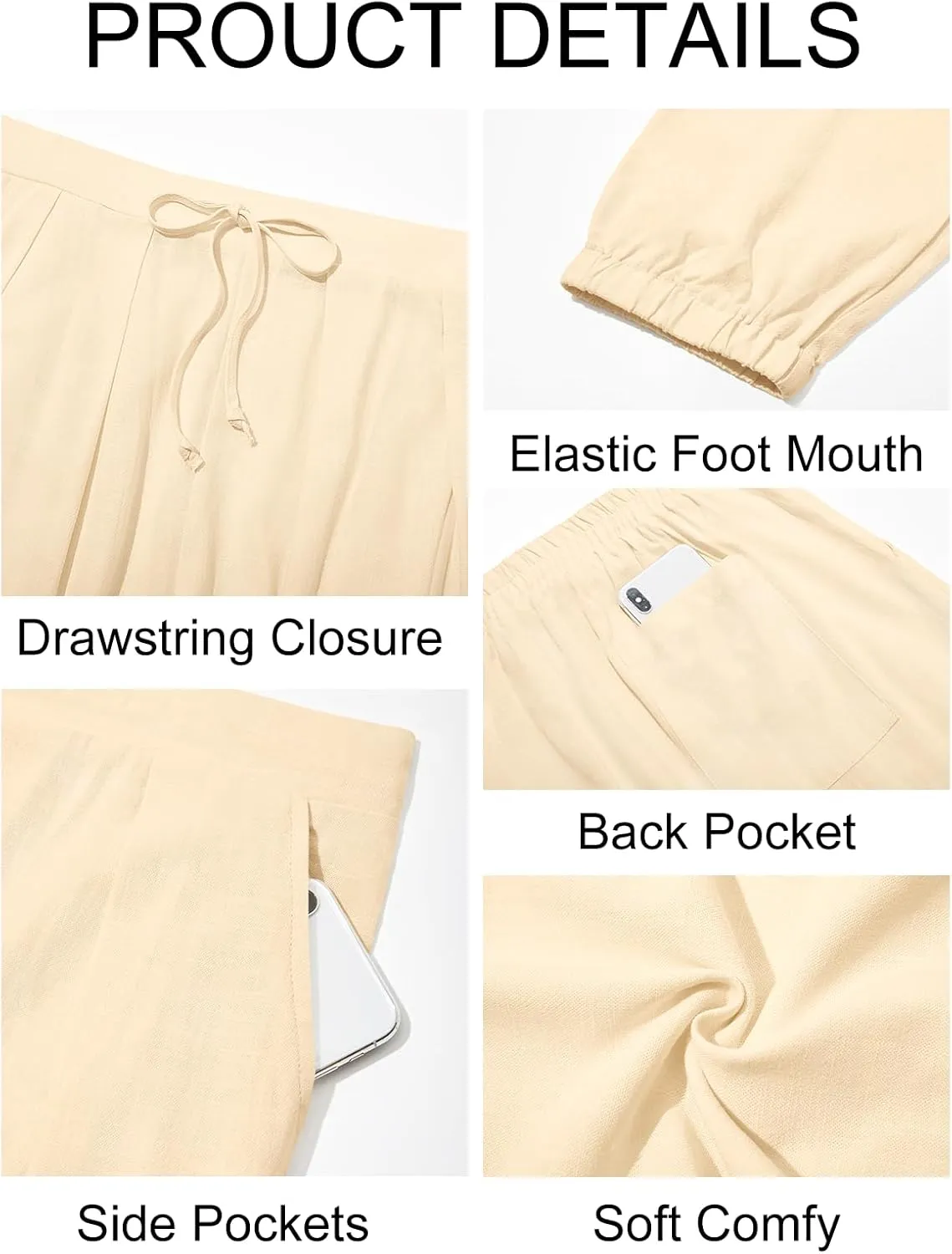 Runcati Mens Casual Pants Elastic Waist Linen Drawstring Pleated Lightweight Joggers Loose Fit Summer Beach Yoga Trousers