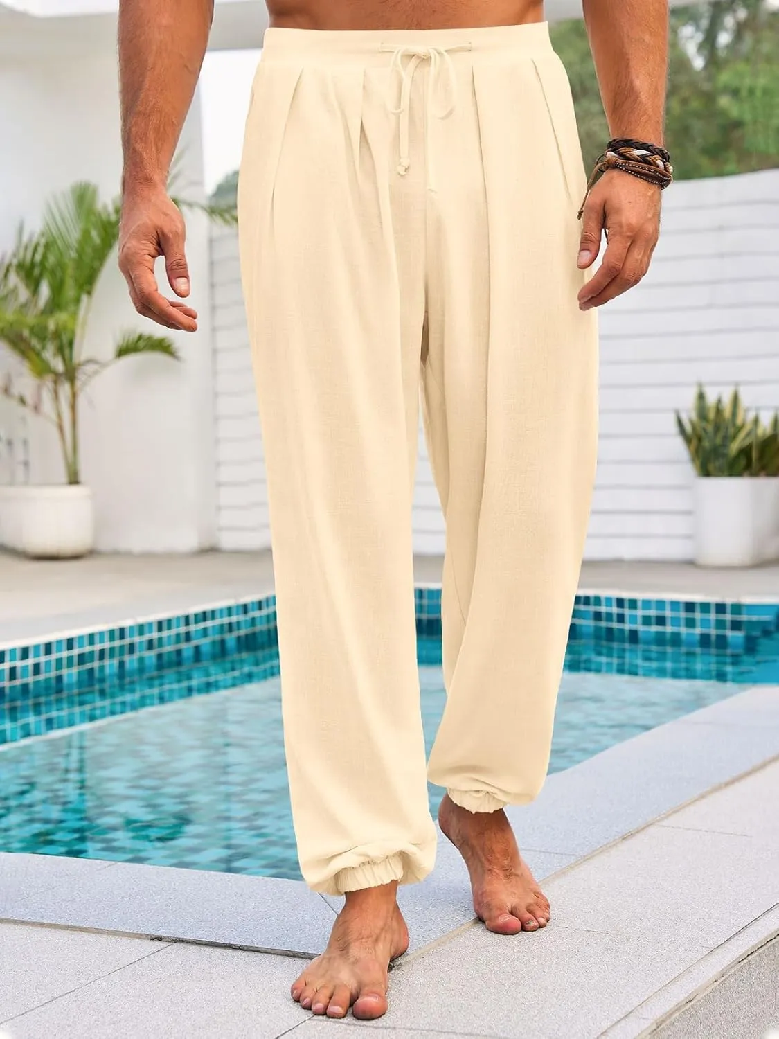 Runcati Mens Casual Pants Elastic Waist Linen Drawstring Pleated Lightweight Joggers Loose Fit Summer Beach Yoga Trousers