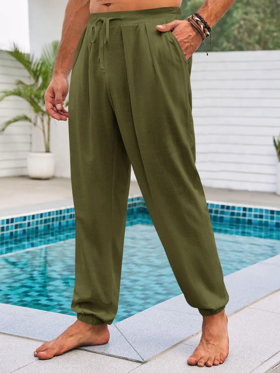 Runcati Mens Casual Pants Elastic Waist Linen Drawstring Pleated Lightweight Joggers Loose Fit Summer Beach Yoga Trousers