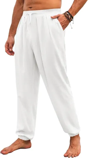 Runcati Mens Casual Pants Elastic Waist Linen Drawstring Pleated Lightweight Joggers Loose Fit Summer Beach Yoga Trousers