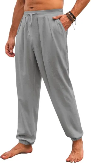 Runcati Mens Casual Pants Elastic Waist Linen Drawstring Pleated Lightweight Joggers Loose Fit Summer Beach Yoga Trousers