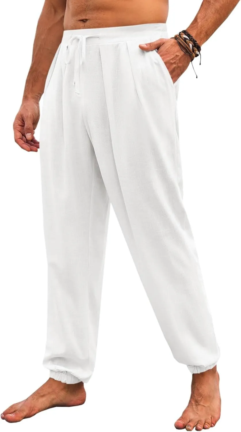 Runcati Mens Casual Pants Elastic Waist Linen Drawstring Pleated Lightweight Joggers Loose Fit Summer Beach Yoga Trousers