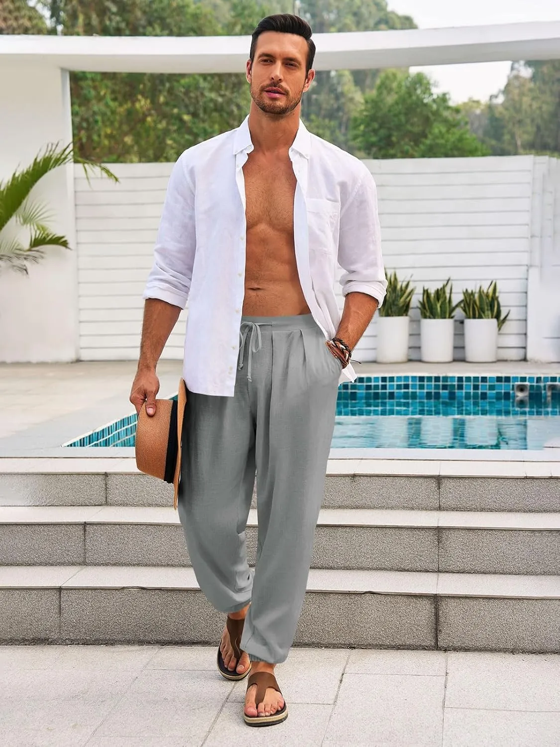 Runcati Mens Casual Pants Elastic Waist Linen Drawstring Pleated Lightweight Joggers Loose Fit Summer Beach Yoga Trousers