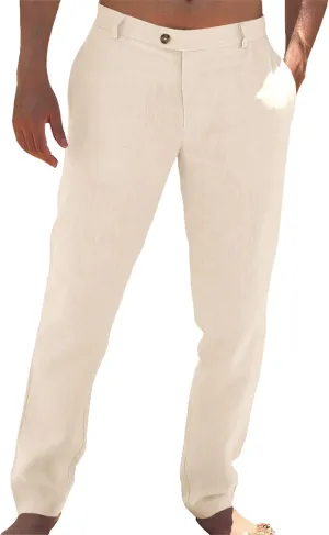 Runcati Mens Casual Pants Elastic Waist Linen Lightweight Straight-Legs Loose Fit Summer Beach Yoga Trousers