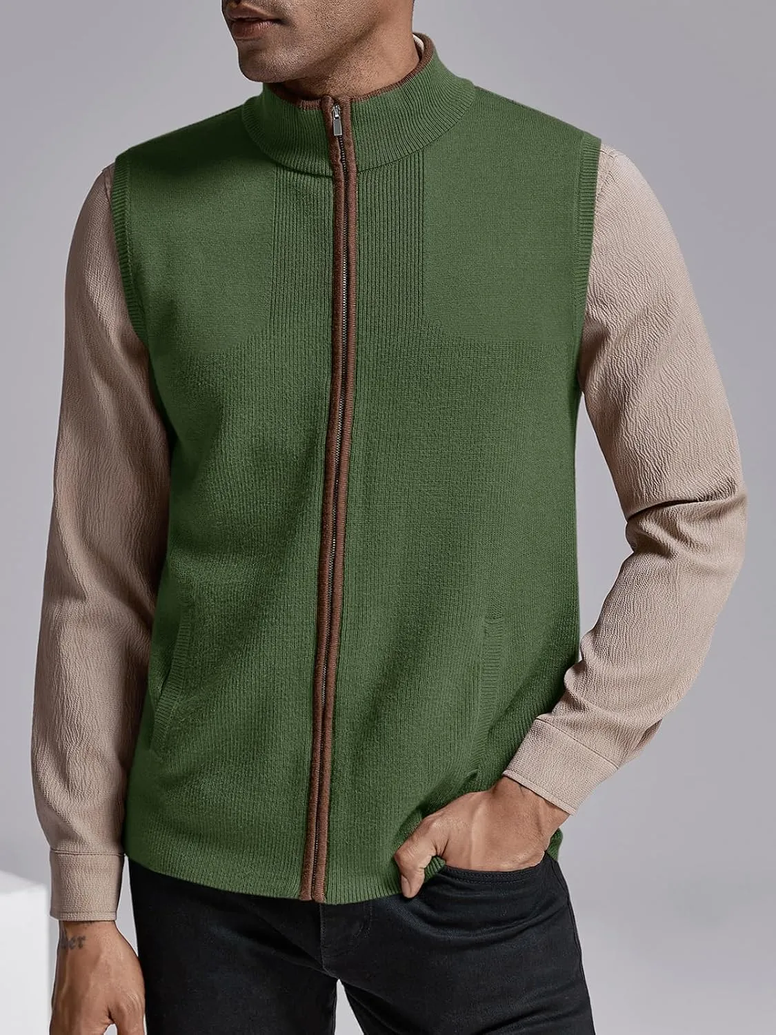 Ryannology Mens Sweater Vest Zip up Casual Sleeveless Cardigan Knitted Stand Collar Regular Fit Jacket with Pockets
