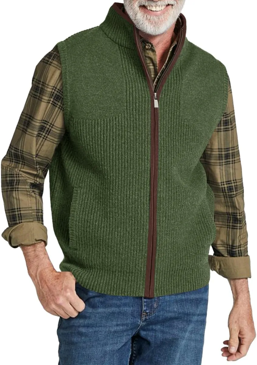 Ryannology Mens Sweater Vest Zip up Casual Sleeveless Cardigan Knitted Stand Collar Regular Fit Jacket with Pockets