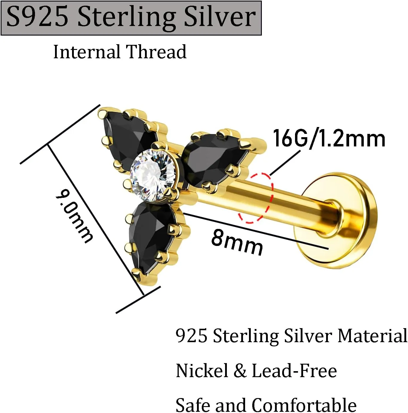 S925 Sterling Silver Labret Studs Cartilage Helix Earring Studs 16G HypoallergenicThreaded Flat Back Lip Monroe Studs Tragus Labret Cartilage Earrings Nose Piercing Jewelry