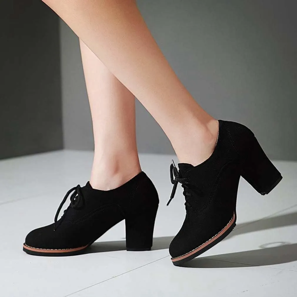 SACFOF Womens Block Heel Pumps Platform Chunky Boots Suede Comfort Oxfords Lace up Dress Shoes Mid Heels Ankle Boots