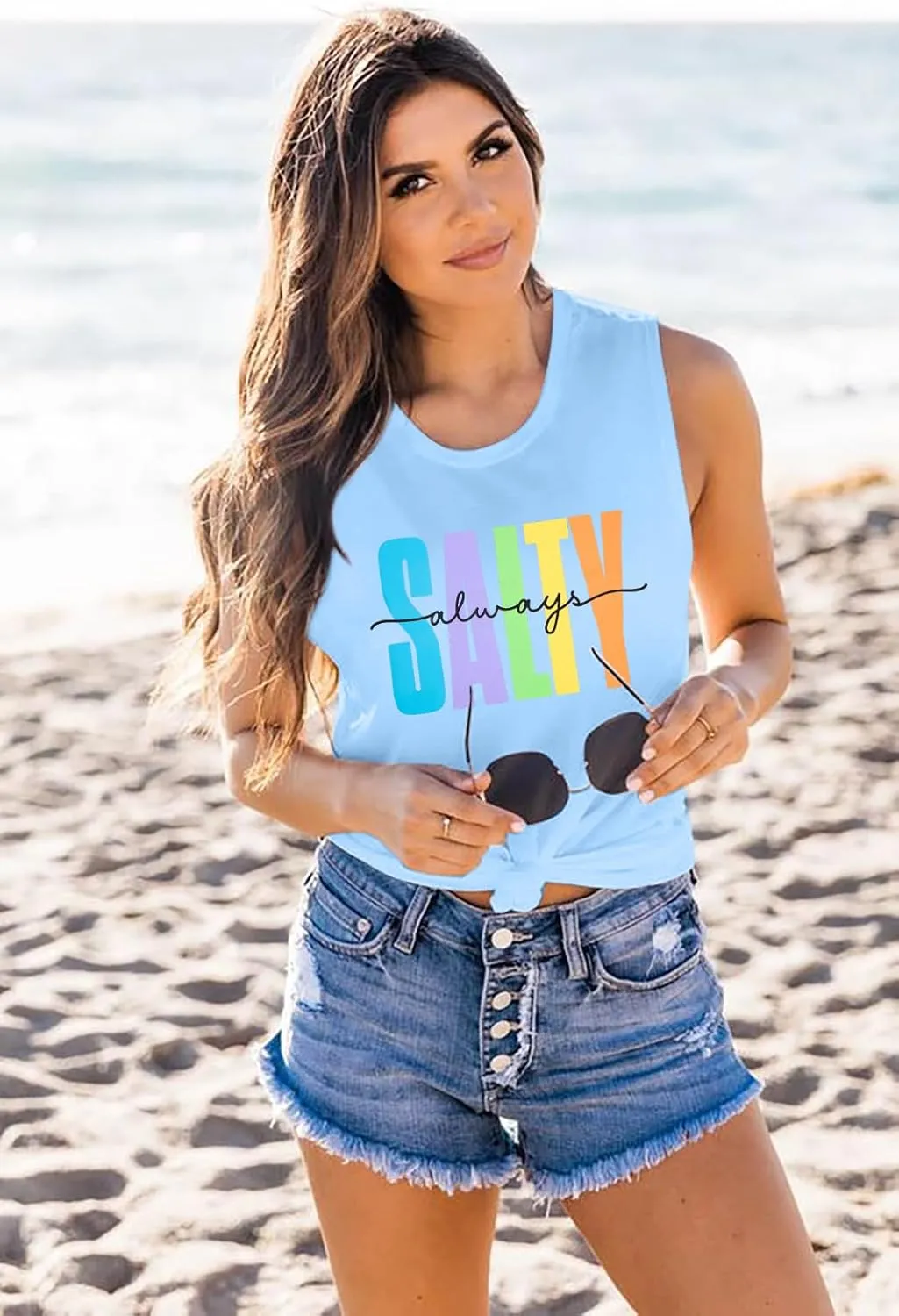 Salty Always Tank Top Women Beach Tanks Hawaiian Sleveless Vest Tops Summer Graphic Tanks Vacation Tops Workout
