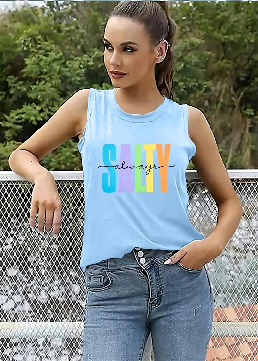Salty Always Tank Top Women Beach Tanks Hawaiian Sleveless Vest Tops Summer Graphic Tanks Vacation Tops Workout