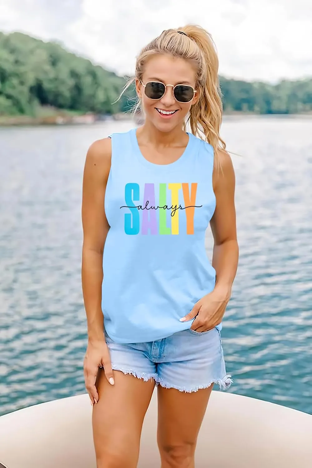 Salty Always Tank Top Women Beach Tanks Hawaiian Sleveless Vest Tops Summer Graphic Tanks Vacation Tops Workout
