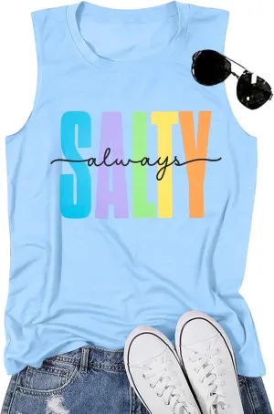 Salty Always Tank Top Women Beach Tanks Hawaiian Sleveless Vest Tops Summer Graphic Tanks Vacation Tops Workout