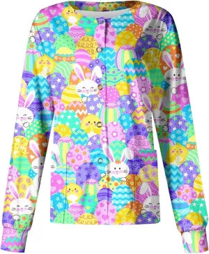 Scrub Jackets for Women Print Long Sleeve Holiday Scrubs Tops Button Cardigan Working Nurse Uniforms