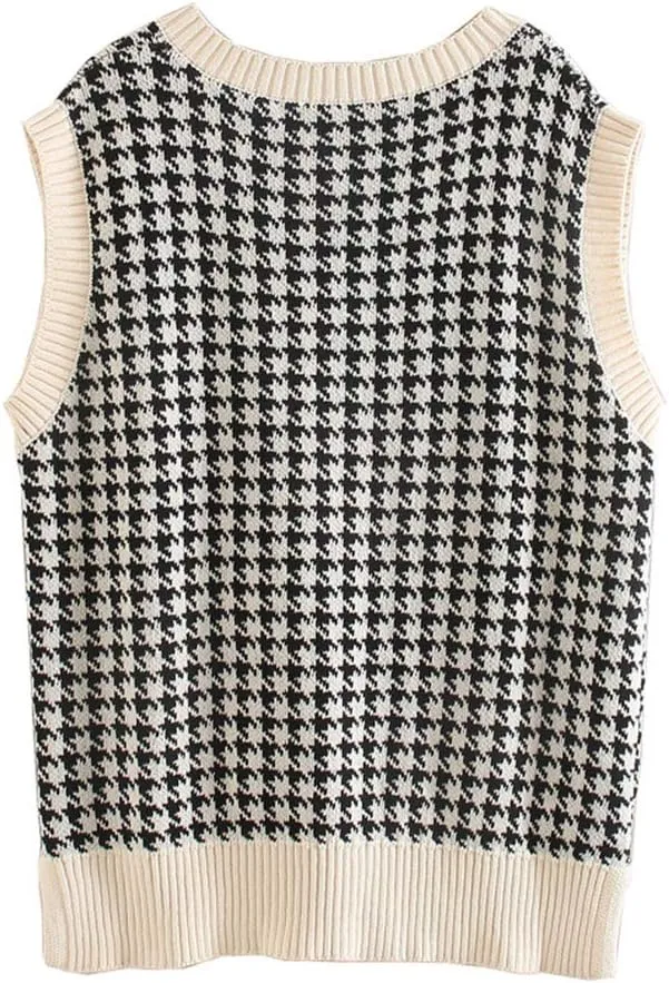Sdencin Women Houndstooth Pattern Knit Sweater Vest Sleeveless Loose V-Neck 90s Waistcoat Pullover Knitwear Top