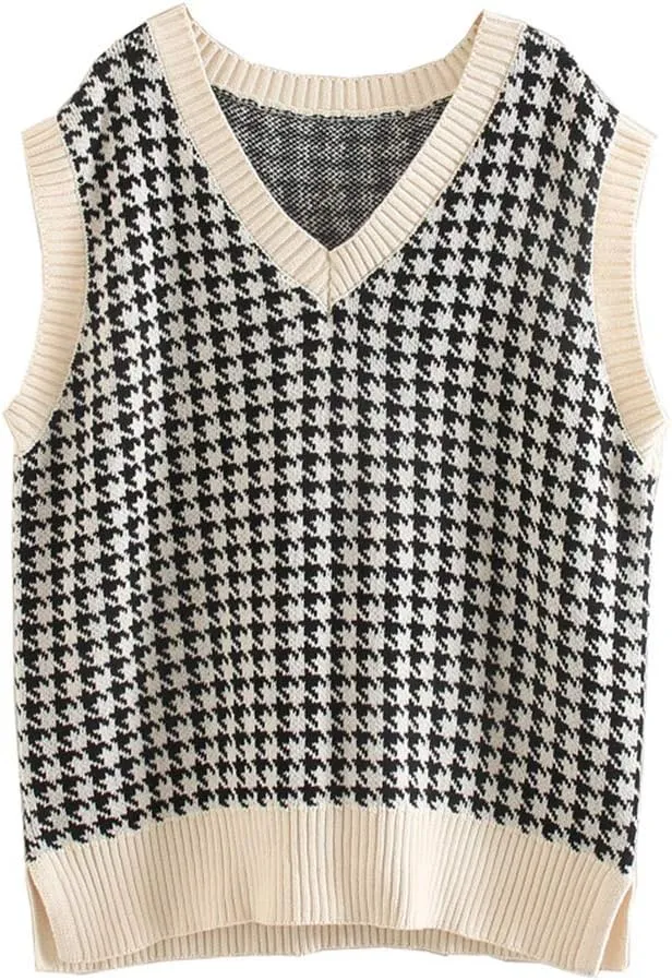 Sdencin Women Houndstooth Pattern Knit Sweater Vest Sleeveless Loose V-Neck 90s Waistcoat Pullover Knitwear Top