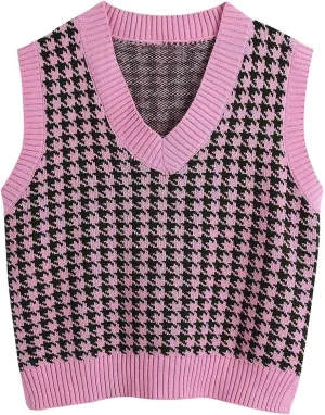 Sdencin Women Houndstooth Pattern Knit Sweater Vest Sleeveless Loose V-Neck 90s Waistcoat Pullover Knitwear Top