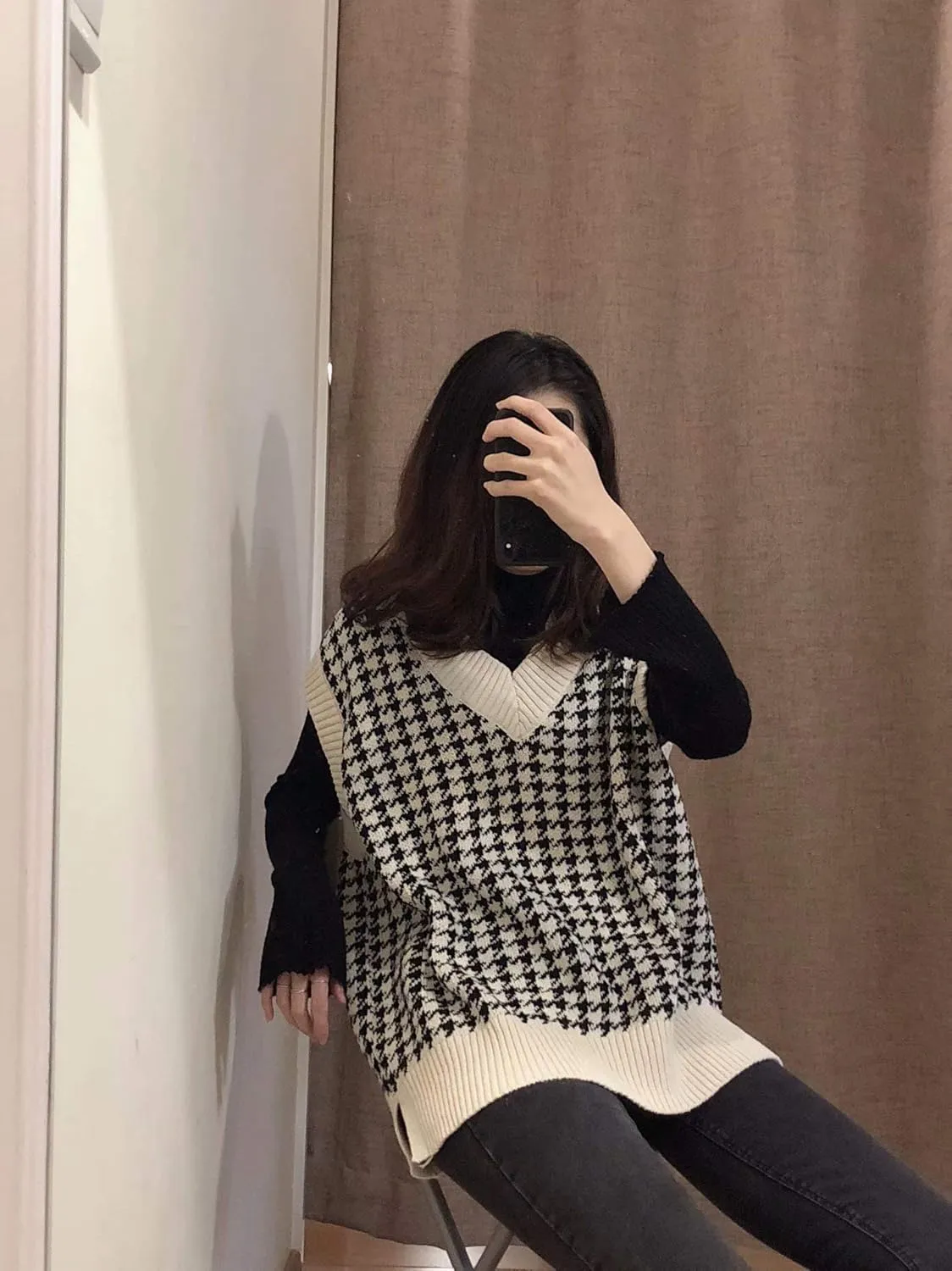 Sdencin Women Houndstooth Pattern Knit Sweater Vest Sleeveless Loose V-Neck 90s Waistcoat Pullover Knitwear Top
